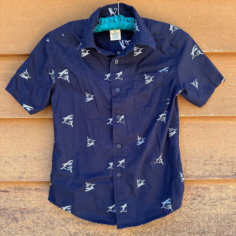 Faded Glory Boys Shark Print Button-Down Short Sleeve Shirt Size M (8) Cotton &